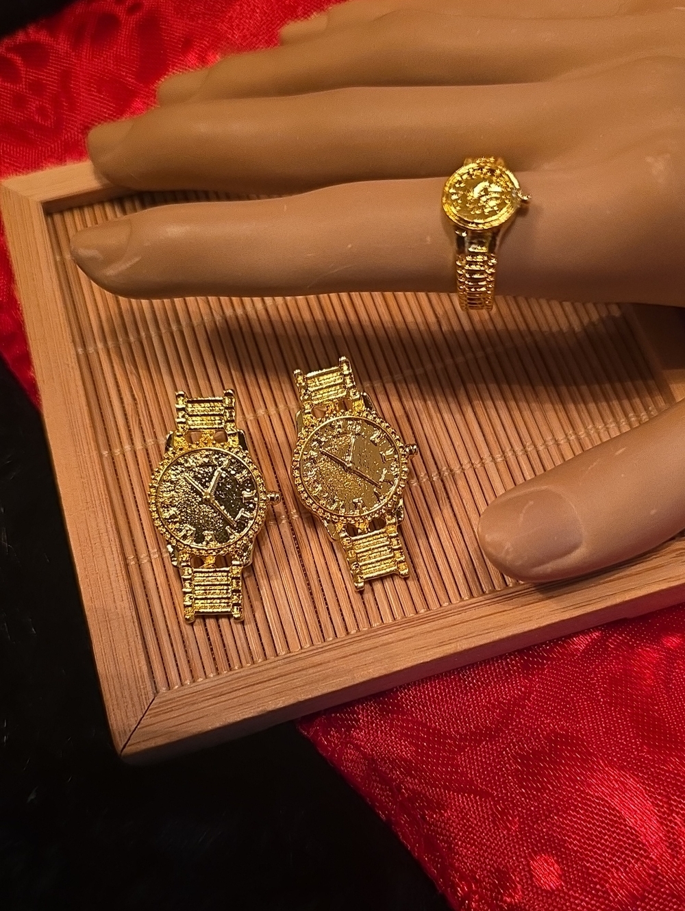 Gold-Tone And Silver Tone Women's Bracelet Watch Ring Set  And Earrings.